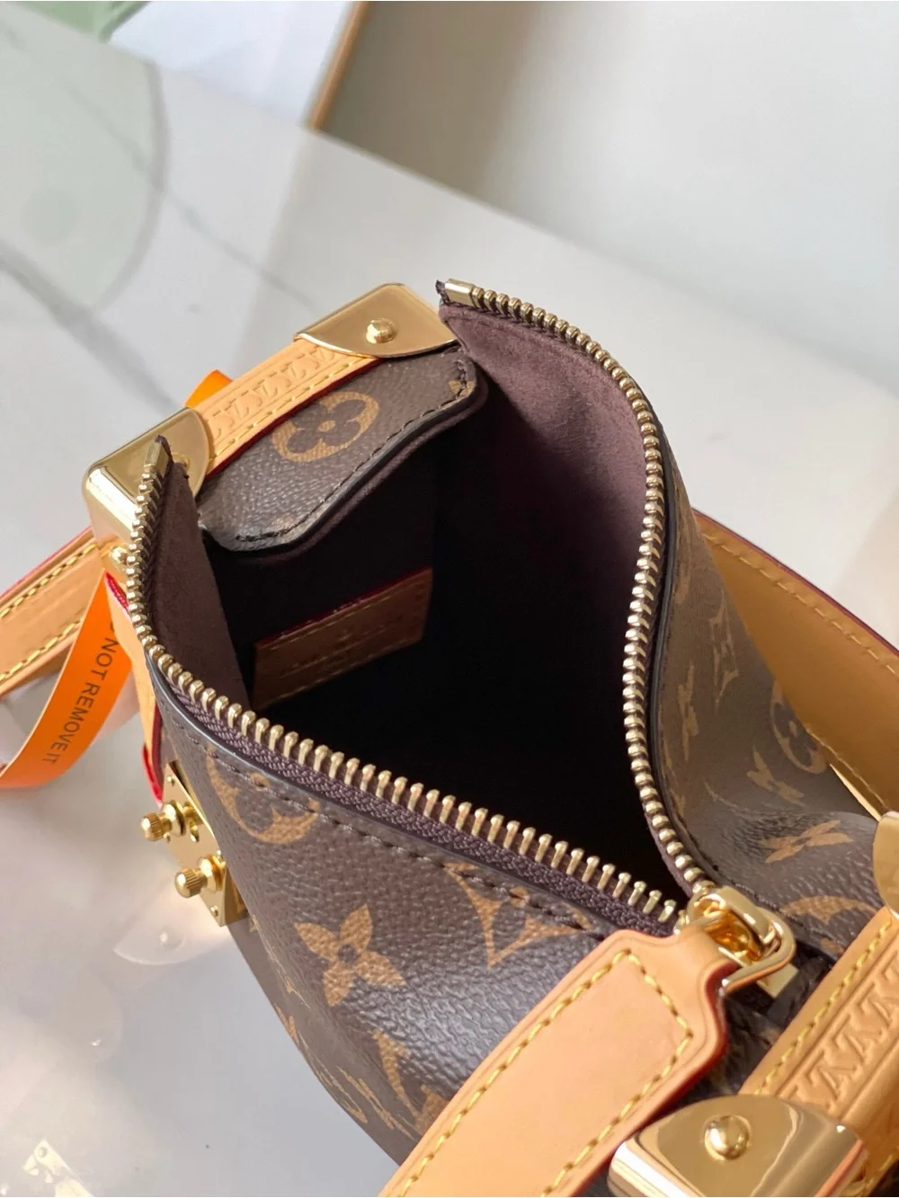 Monogram Canvas Shoulder Bag with Tan Trim and Gold Hardware
